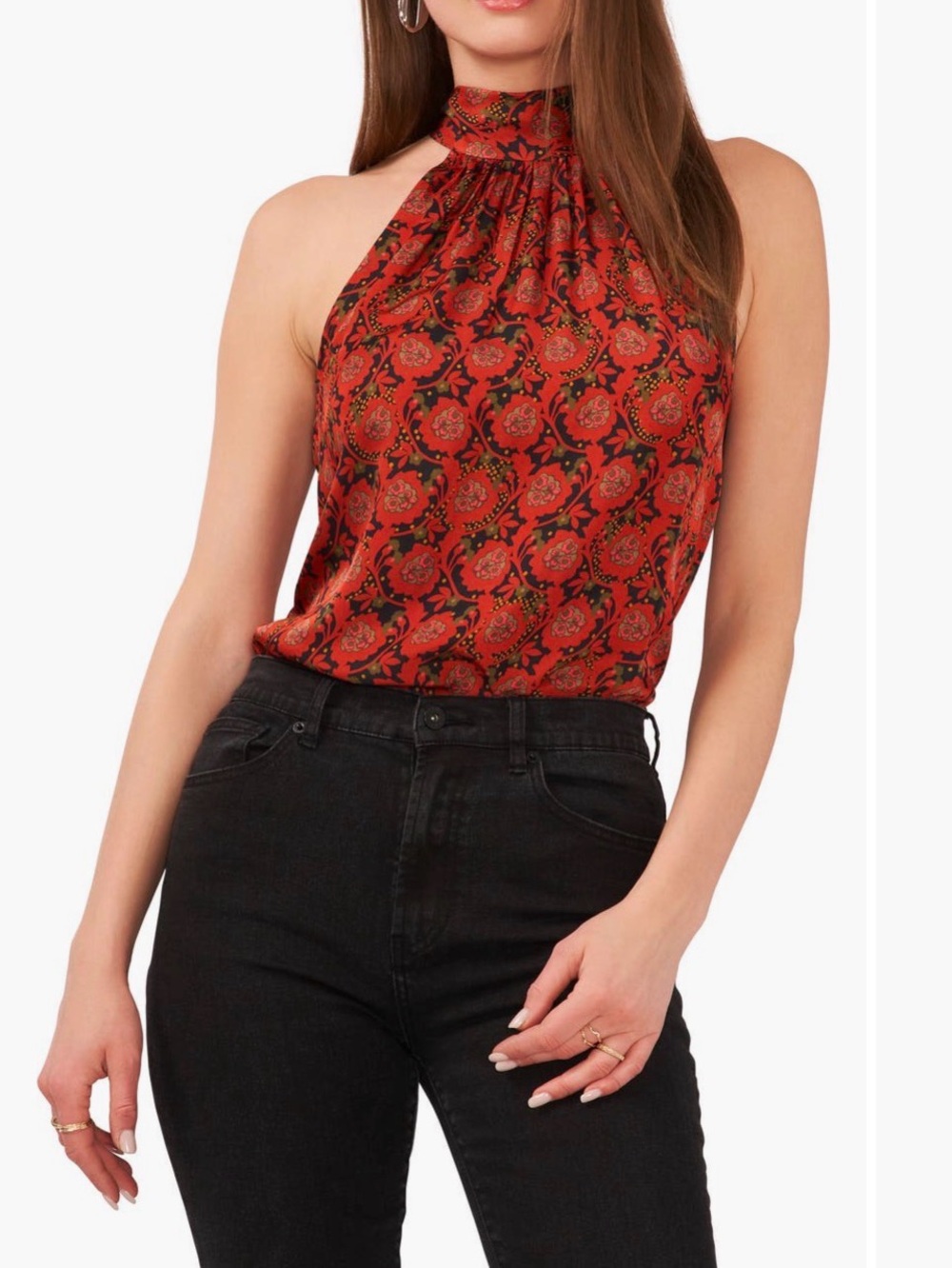 Sleeveless High-Neck Floral Print Bow Sleeveless Top - 1. State Red
